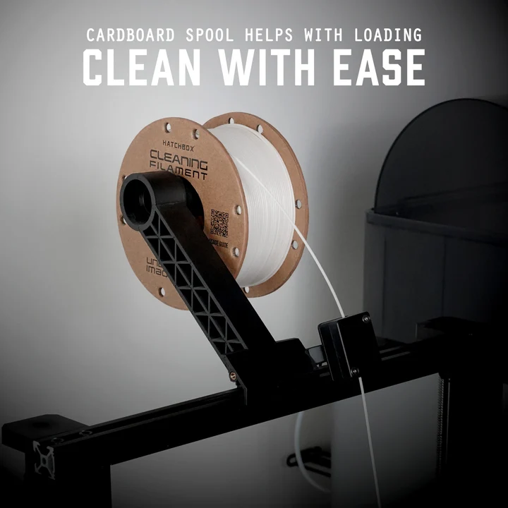 Hatchbox cleaning filament loaded on a 3D printer spool holder