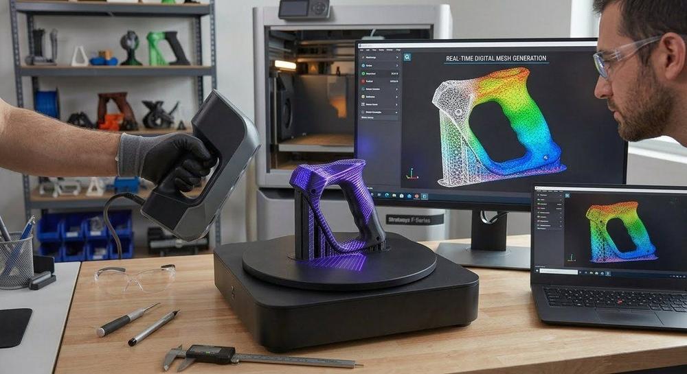 Handheld 3D scanner capturing a part on a turntable, with the scan mesh shown on screen