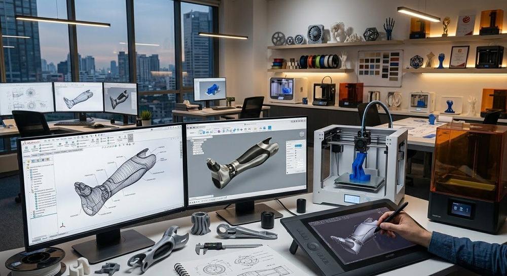 Design studio with CAD models on screen, a drawing tablet and 3D printers