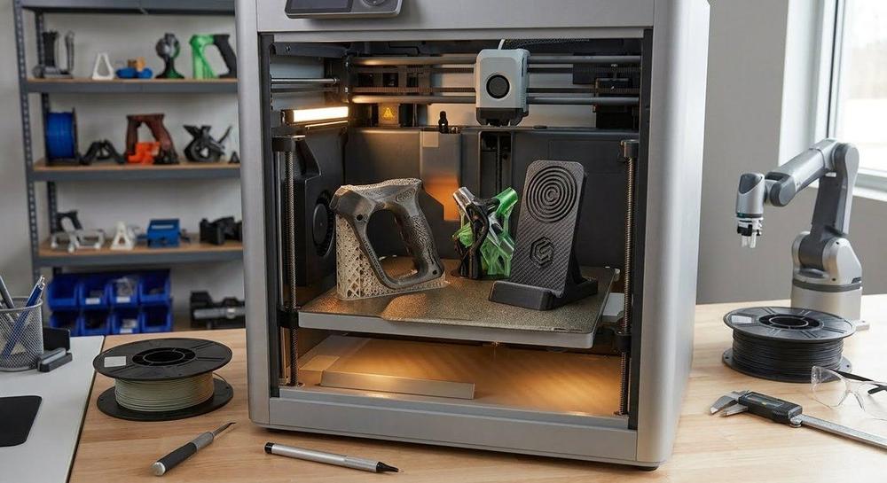 Enclosed 3D printer with several finished printed parts on the build plate