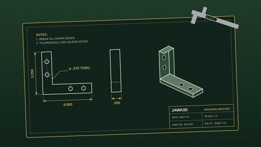 Illustration of a dimensioned shop drawing for a mounting bracket with front, side and 3D views and a title block