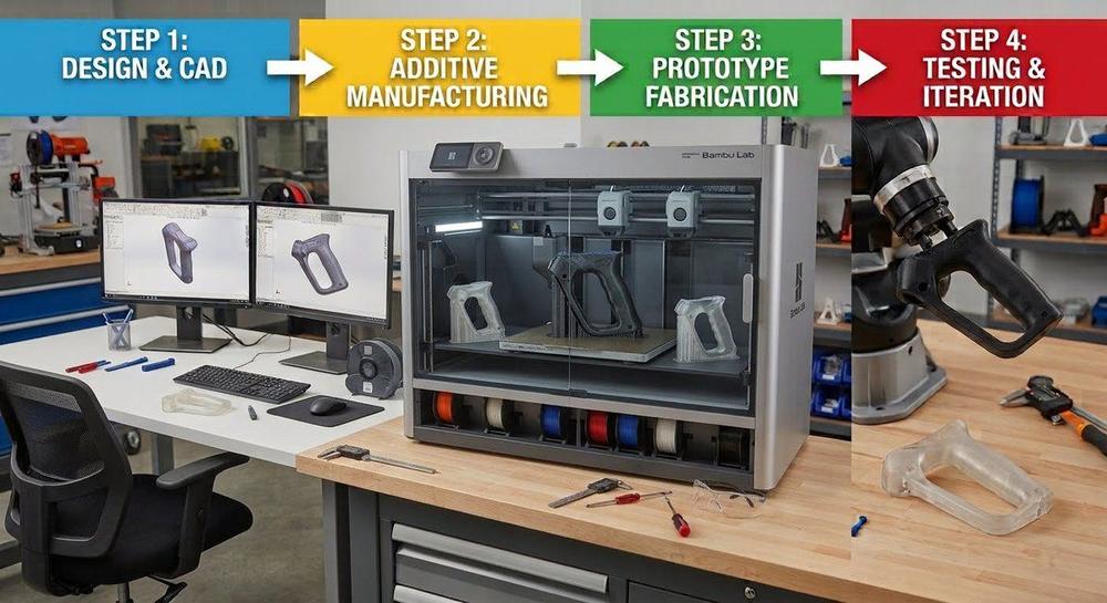 Rapid prototyping in four steps: design and CAD, additive manufacturing, prototype fabrication, testing and iteration